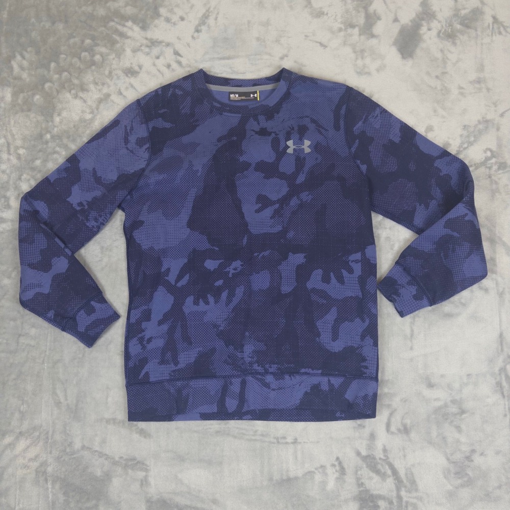Under Armour Sweatshirt Mens Medium Blue Camo ColdGear Fleece Crewneck Pullover
